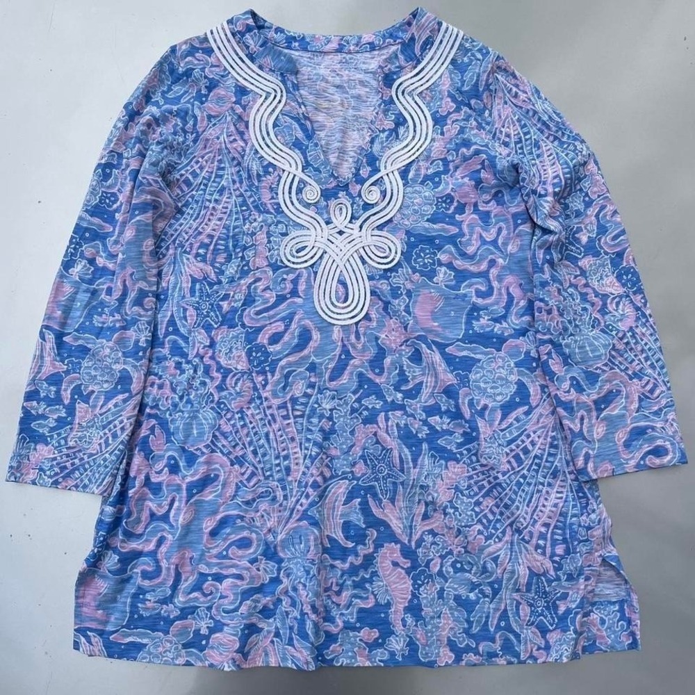 Lilly Pulitzer blue and pink embroidered tunic blouse top #LillyPulitzer